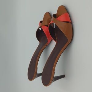 Hazy Orange Patent Leather Heel Sandals Orange Brown Round Toe 9.5 Made in Italy